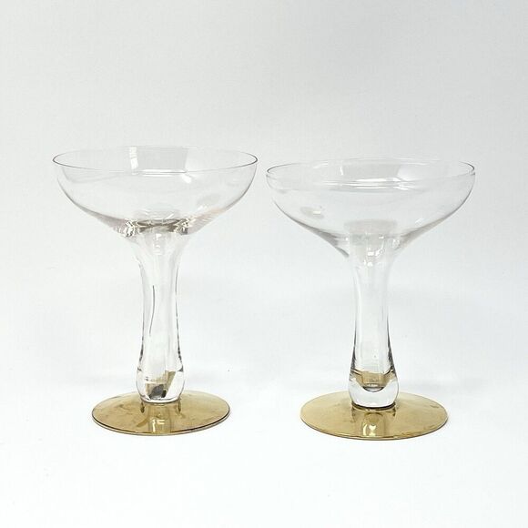 Hollow Stem Champagne Coupes Hand Blown Clear Glasses 5x4” Set Of 2 Gold Bases - Picture 1 of 8